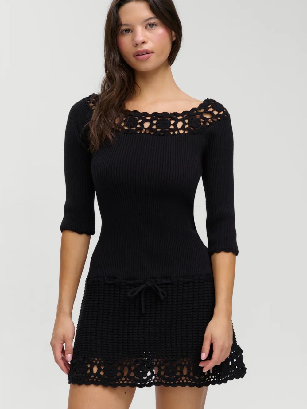 Frankie's Bikinis Black Kaia Crochet Knit Mini Dress